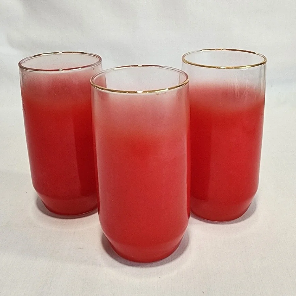 Set of 3 Vintage Blendo Red Frosted Ombre Tumbler Glasses Gold Rim MCM Highball